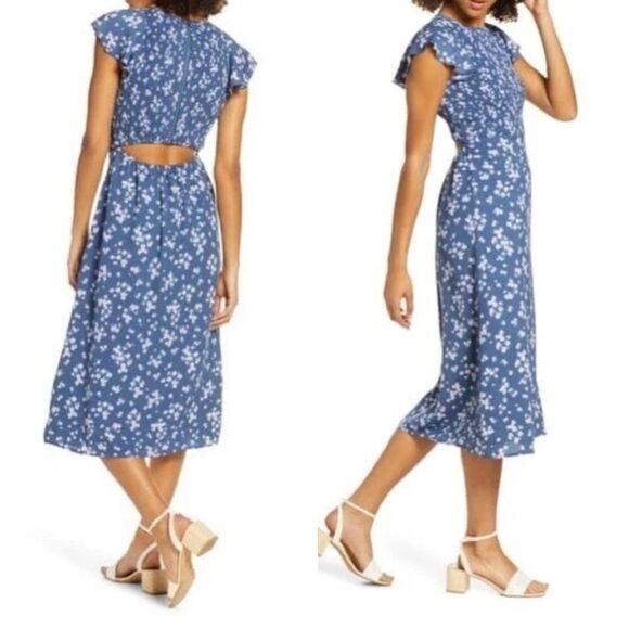 Ali & Jay Blue Floral Smocked Back‎ Cutout Midi Dress Size Medium - Picture 1 of 6